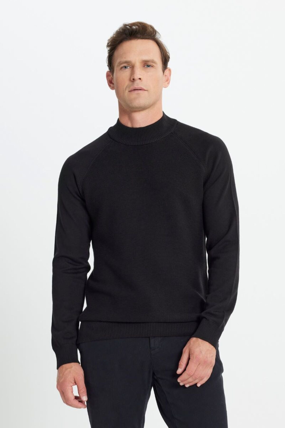 Cotton Standard Fit Normal Cut Half Fisherman Neck Patterned Knitwear Black Cossack