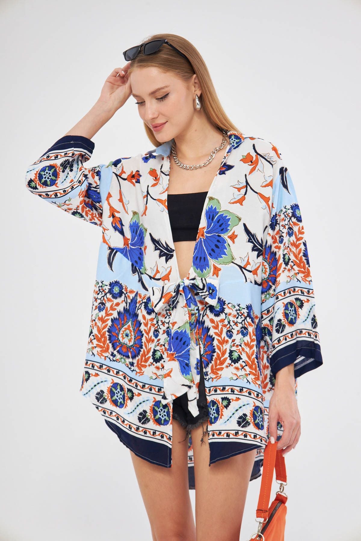 Female navy blue patterned front-binding kimono shirt ARM-24Y001080