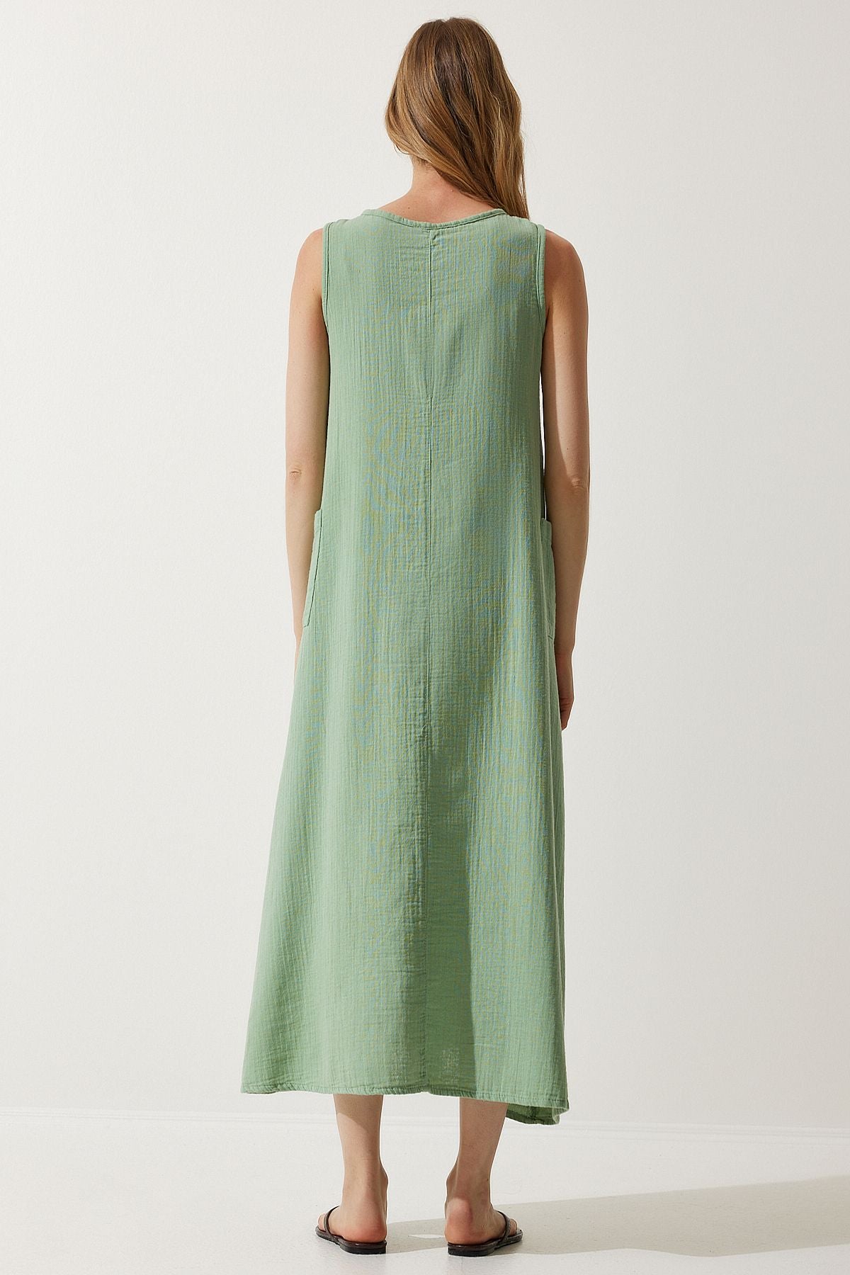 Women's Cagla Green Wide Pocket Summer House Muslin Dress Sa00022