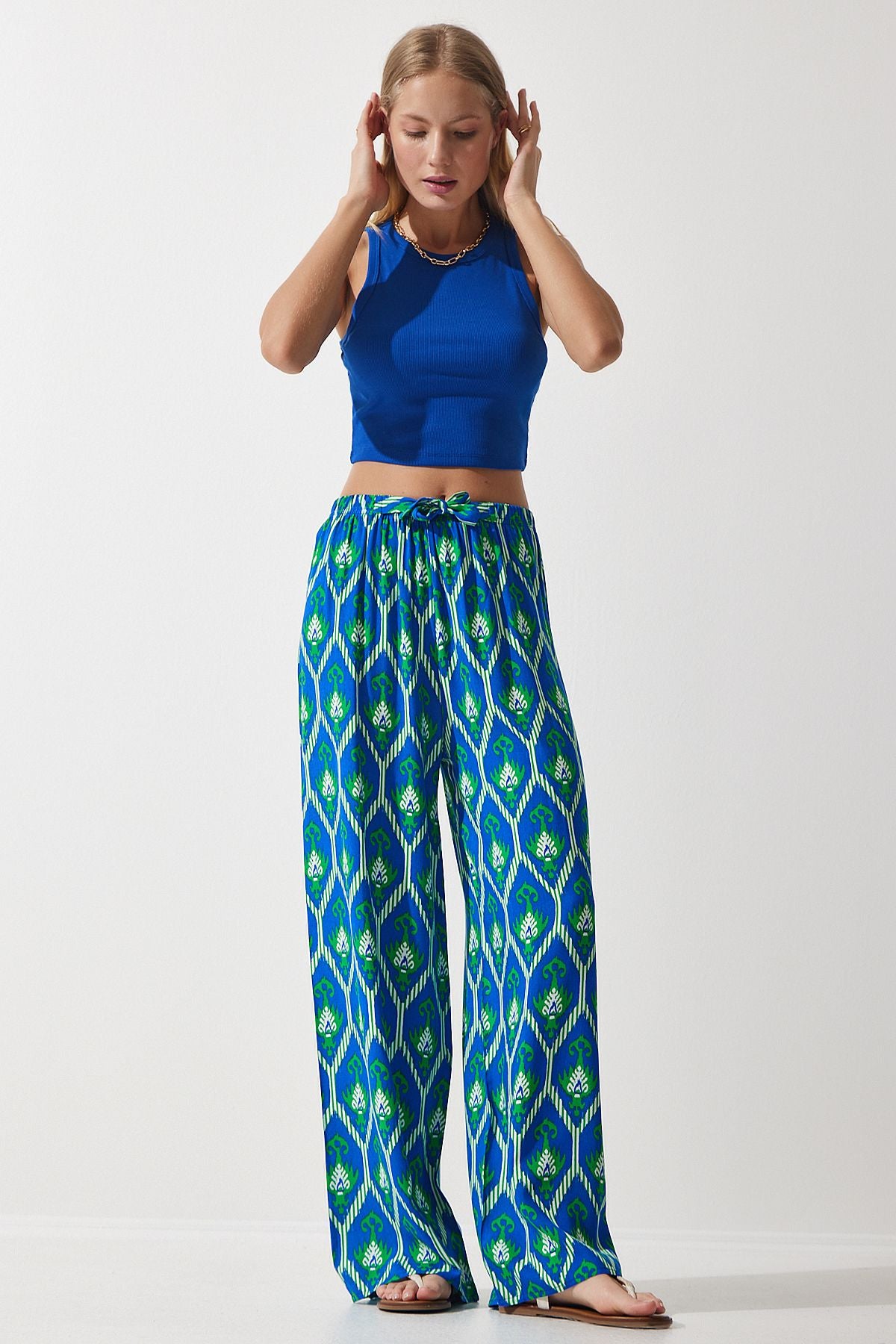 Woman Blue Green Patterned Viscose Palazzo Pants EN00606