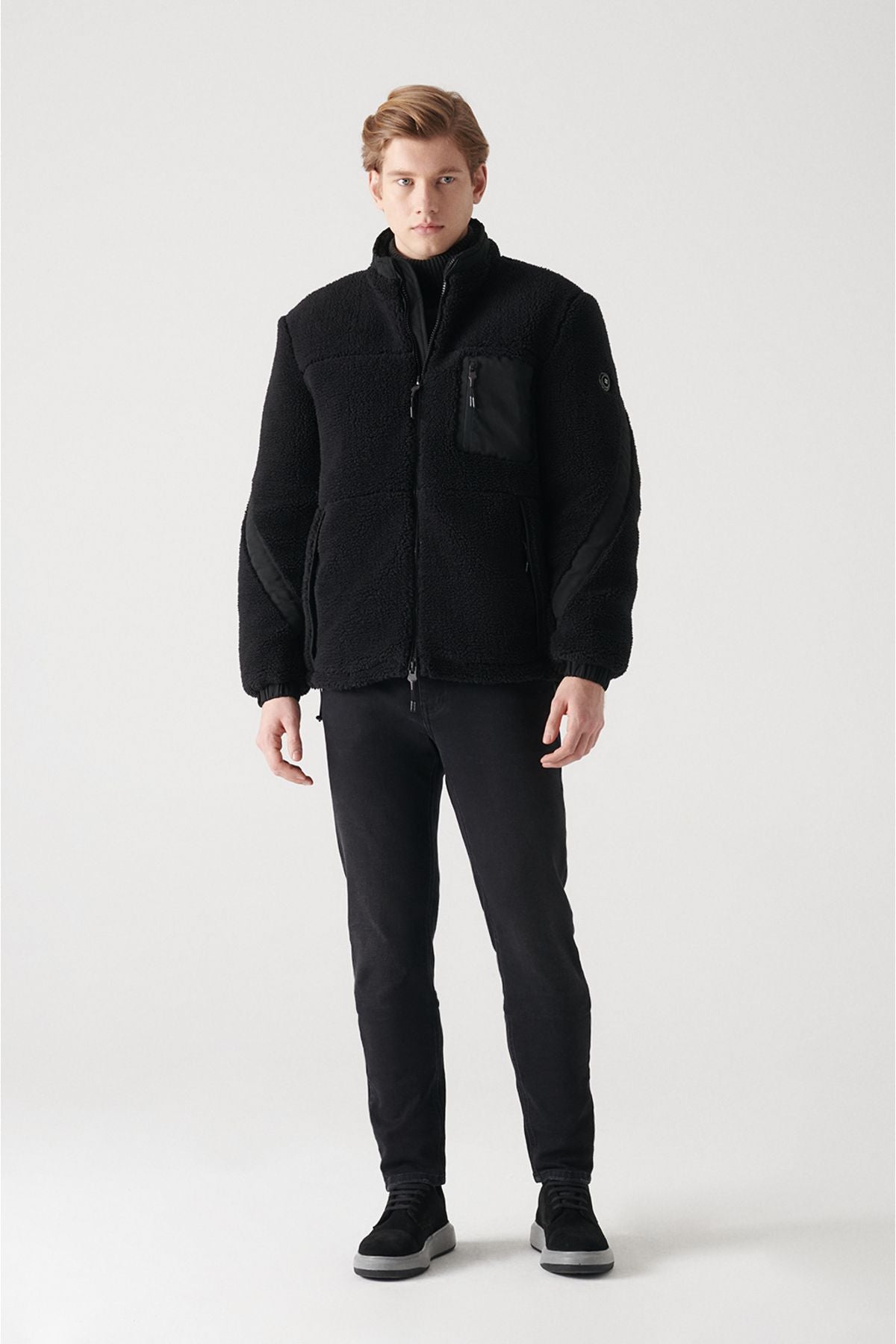Men's black upright collar plush coat A22y6026