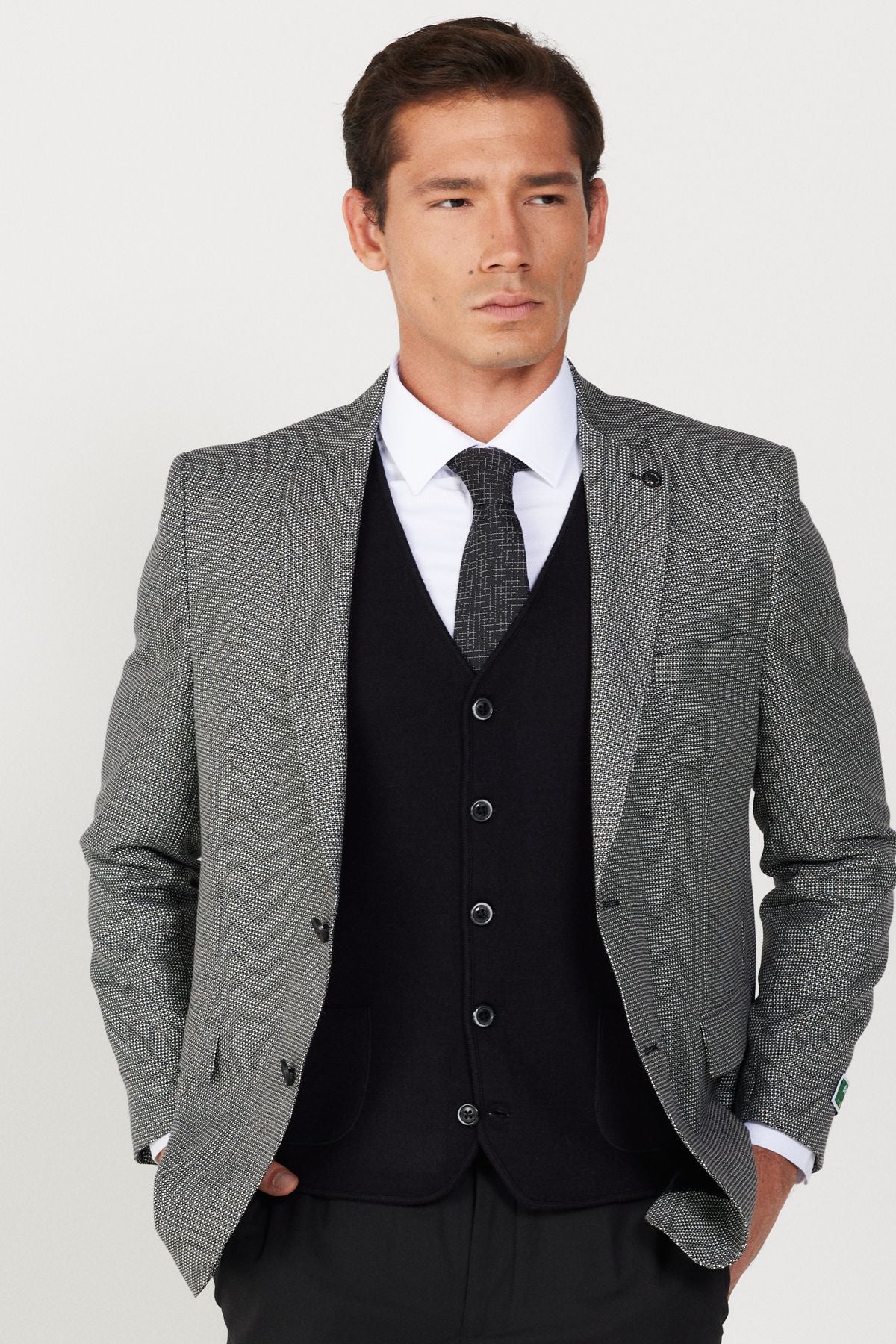 Men's black-and-white comfort fit comfortable cutting mono collar birdsbolic wool jacket