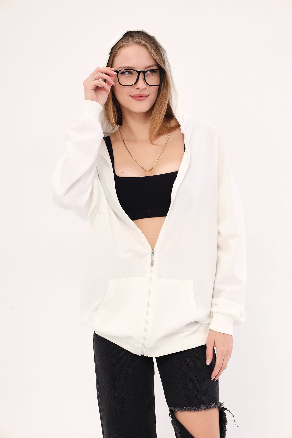 Woman White front zipper with hooded over the sweatshirt ARM-25K001024