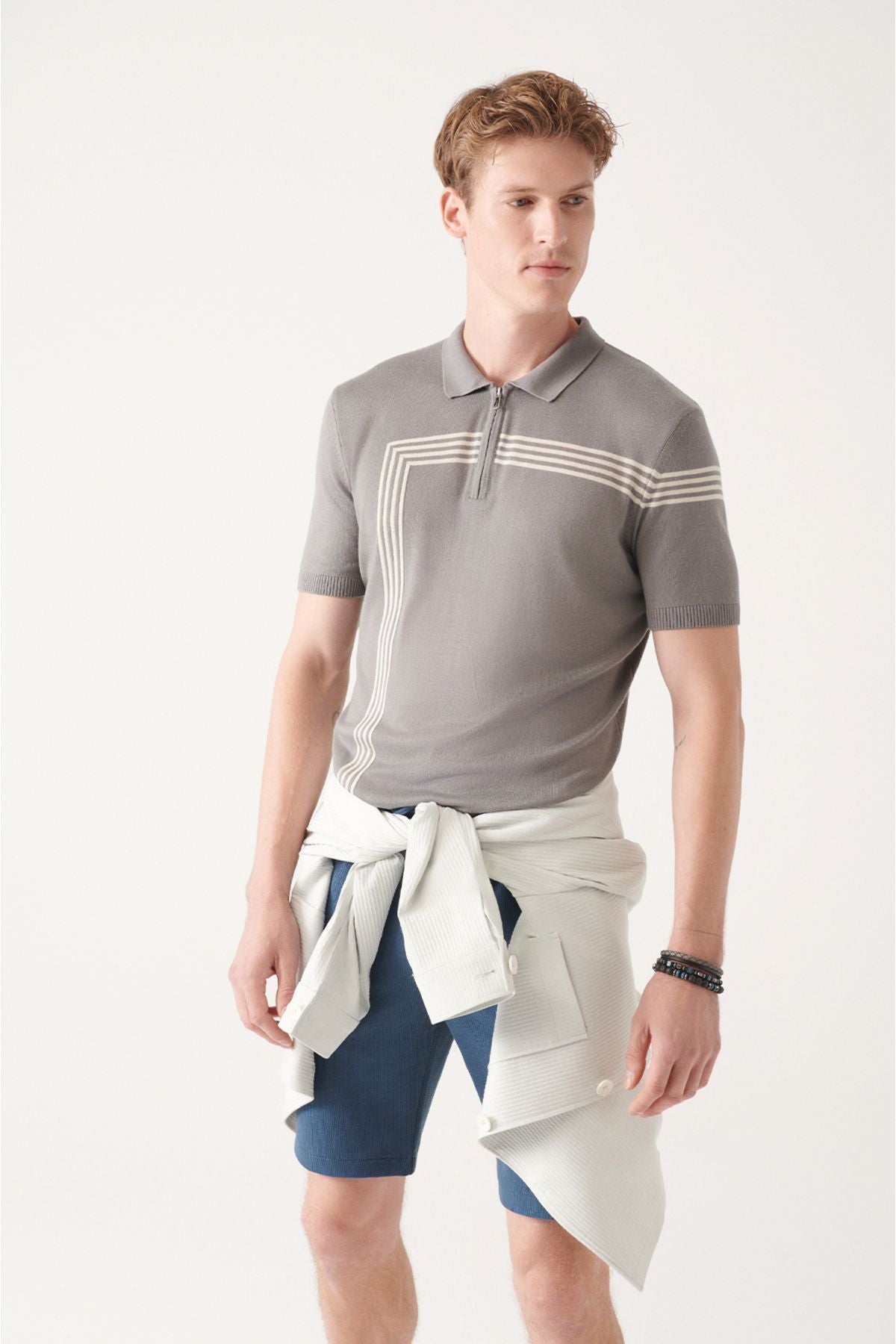 Men's Gray Zipper Line Detailed Polo Yaka Triko T-Shirt A31y5127