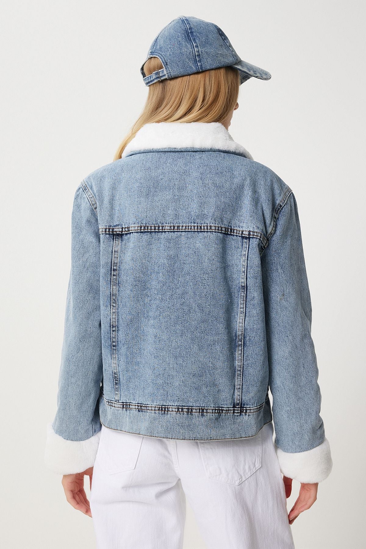 Women's Blue In -Blue Artificial Furry Denim Jacket RV00201