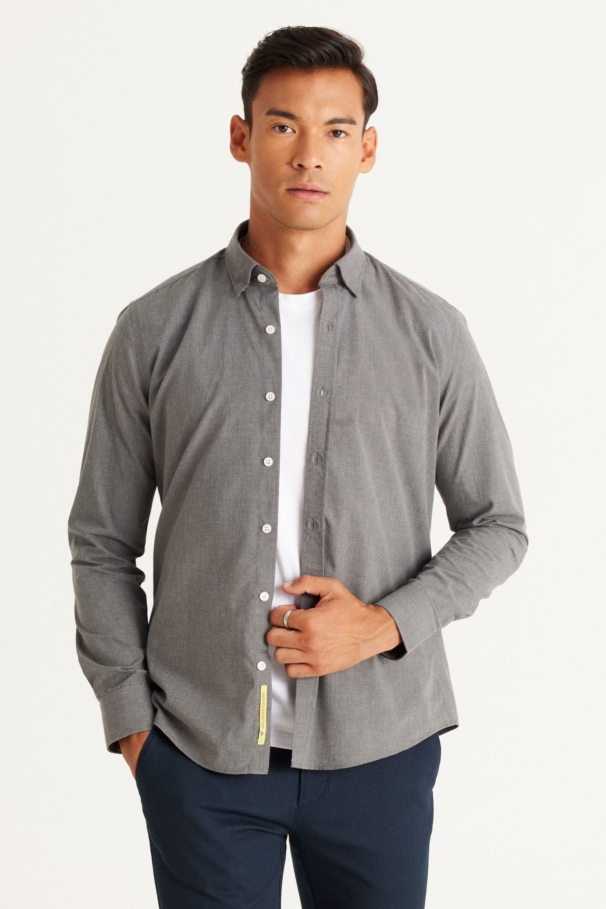 Men's gray slim fit narrow cut hidden button collar shirt