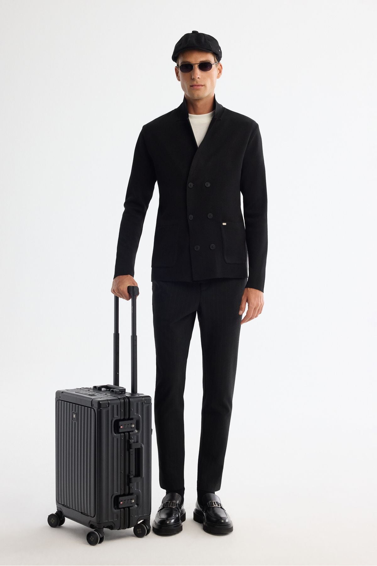 Men's black mono collar cruve bag pocket woolen knitwear jacket A42y5153