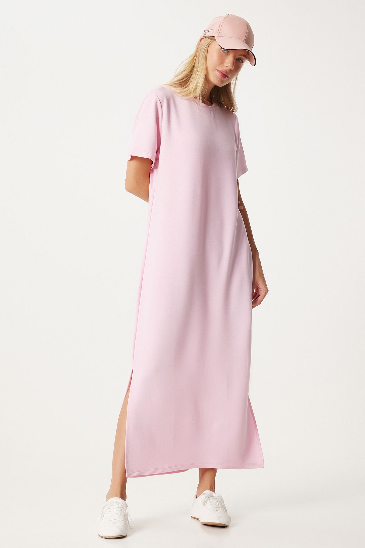 Woman Pink Side Solved Summer Long Knitting Dress HW00011
