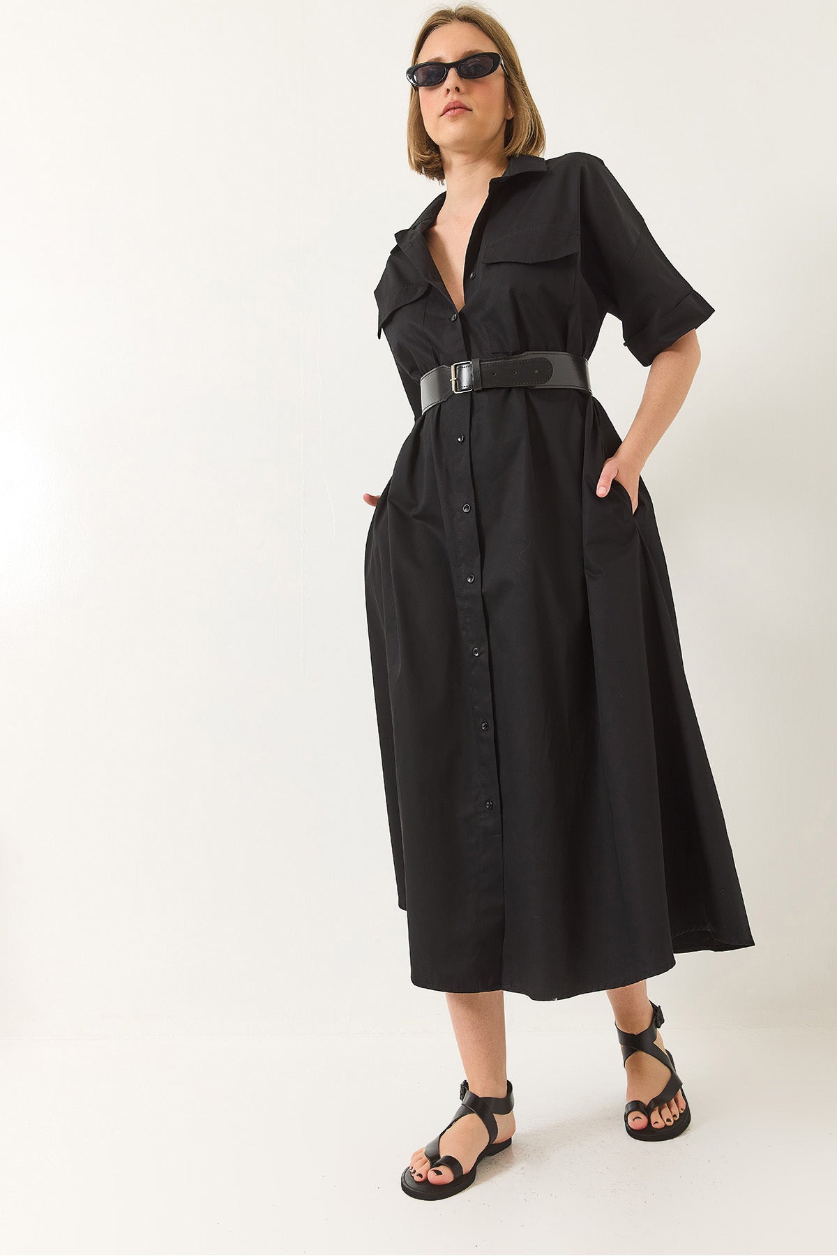 Women's Button Closure Pocket Detailed Belted Poplin Shirt Dress 60283191