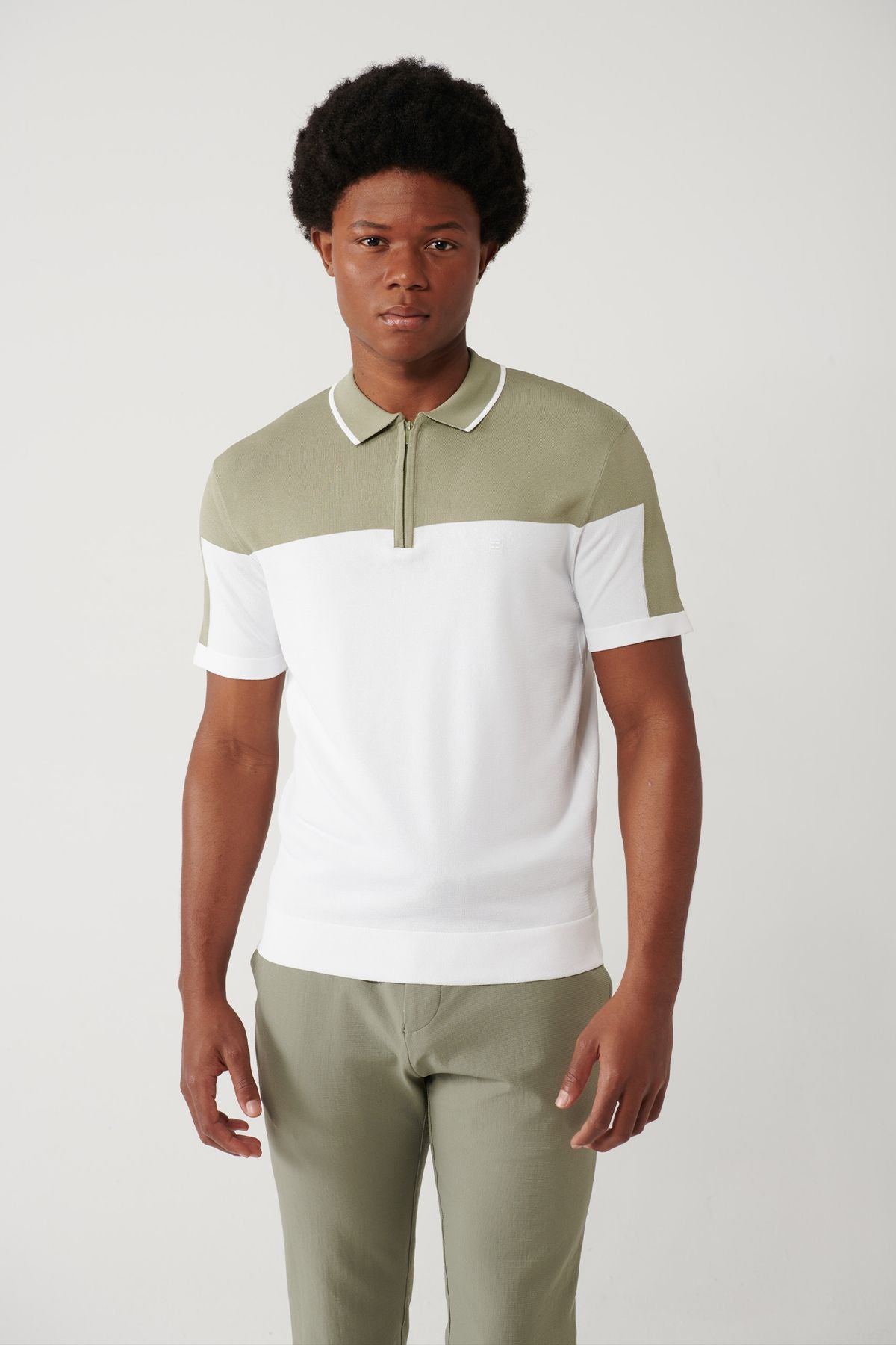 Men's Open Khaki Zippered Block Color Rayon Polo Yaka Triko T-shirt A41y5000