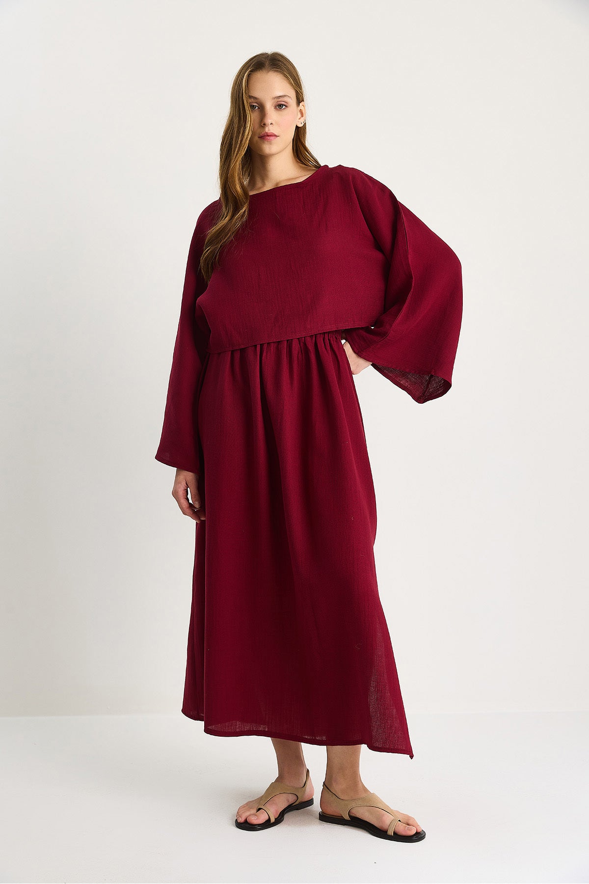 Women's Bat Sleeve Crop Slit Detail Skirt Muslin Suit 9280-1 60283504