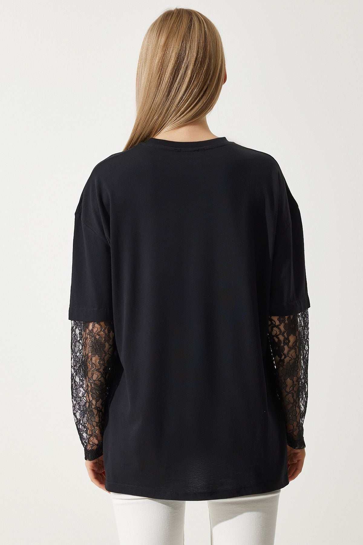 Woman Black Lace Sleeper Abundant Long Knitting Tunic NJ00149