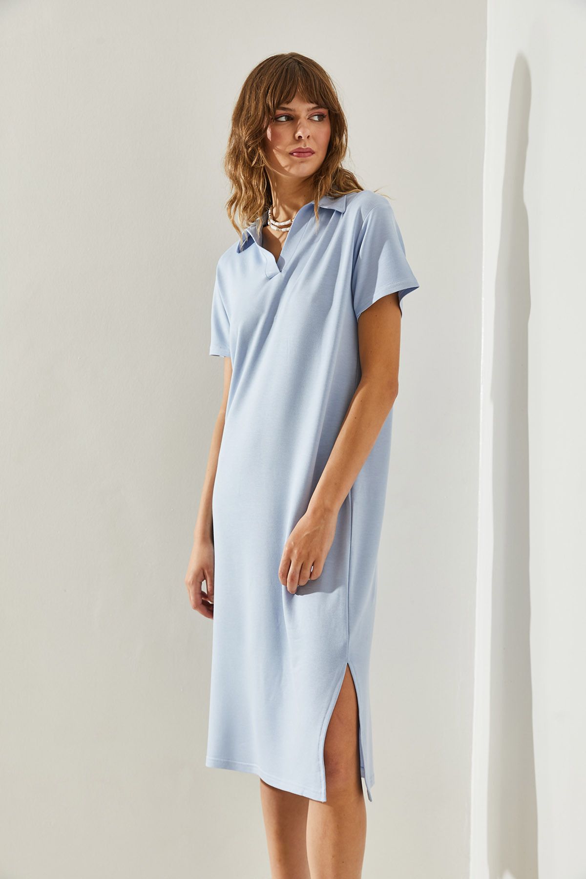 Women's Short Sleeve Neck Detail Slit Basic 5621 Dress 60251367