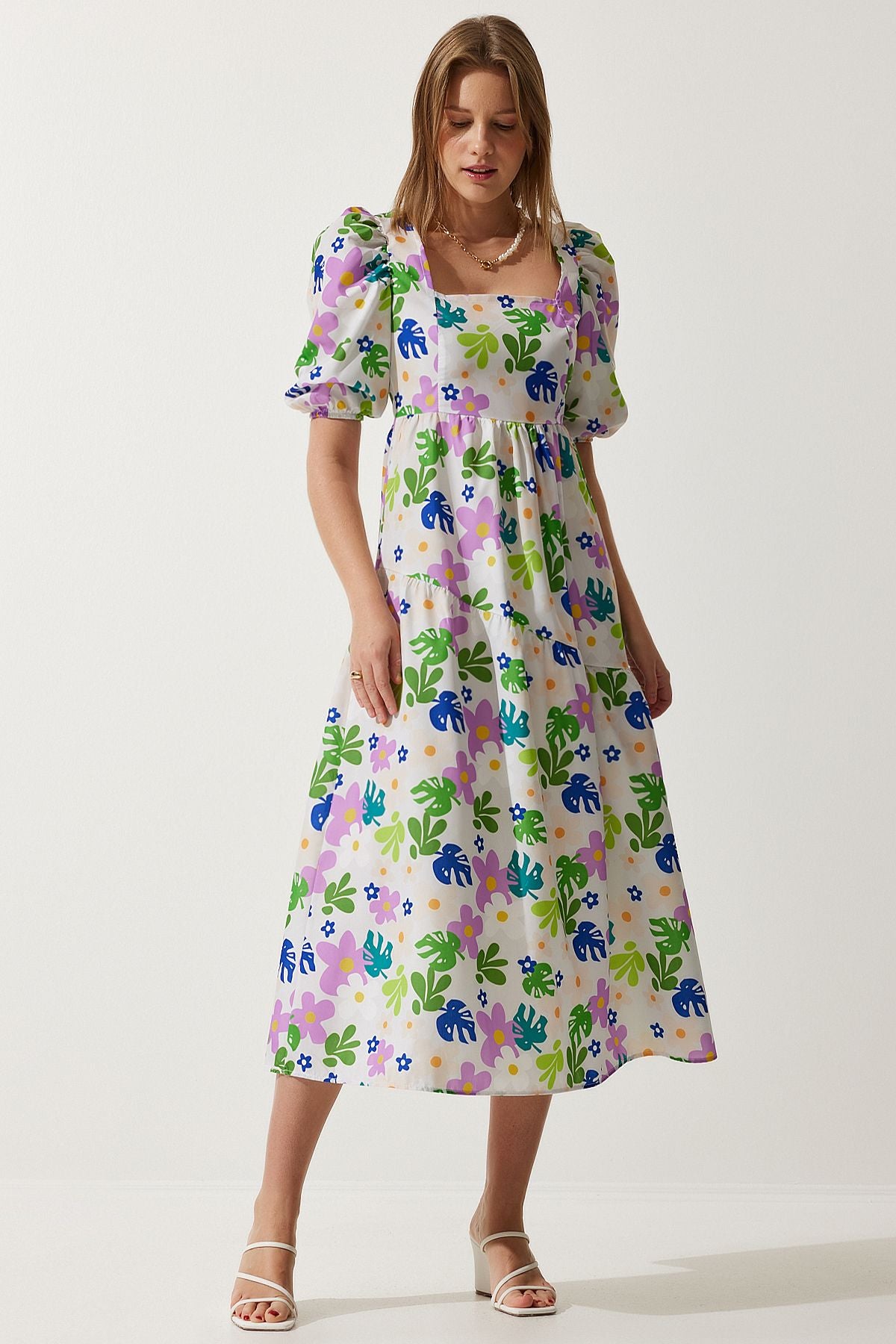 Women's Cream Green Patterned Square Collar Poplin Dress FN03178