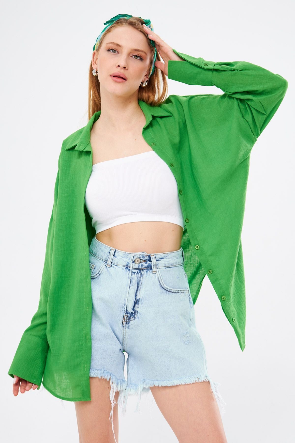 Female Green Oversize textured linen-looking large cuff shirt ARM-24K001001