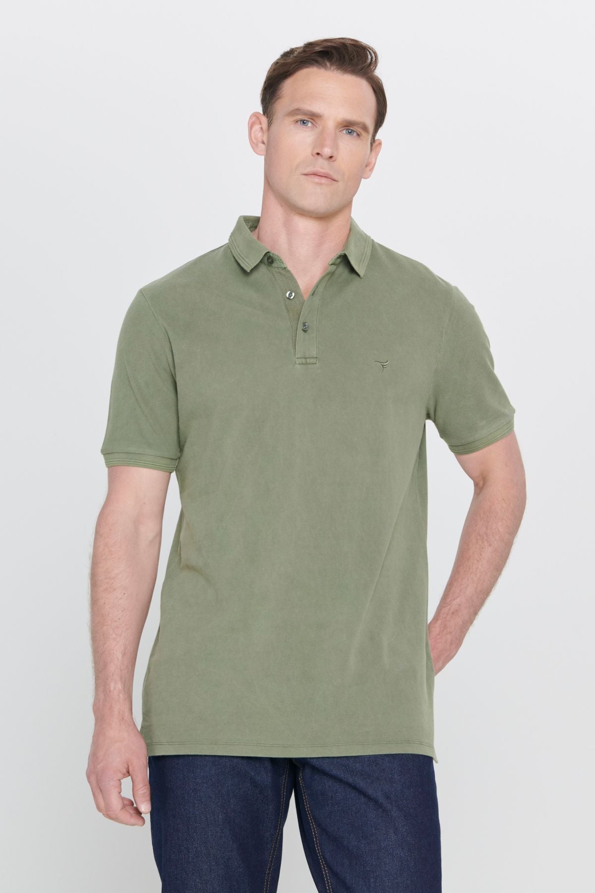 Men's Khaki Slim Fit Night Cut Polo Yaka 100 %Cotton Patterned T -shirt