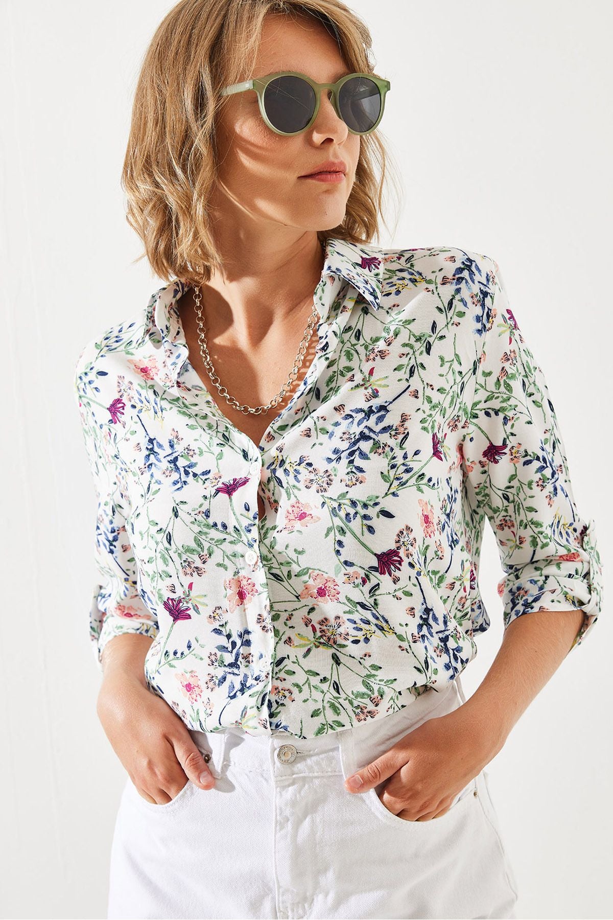 Women's Arm Folding Flower Patterned Shirt 60251778