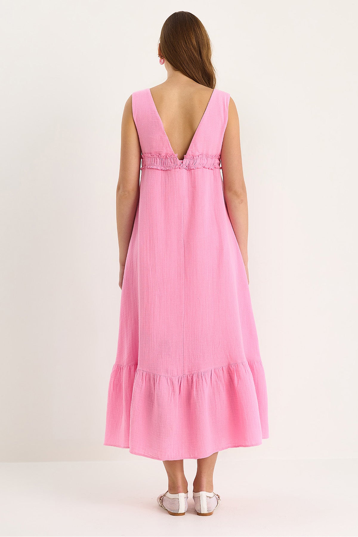 Women's V-Neck Tie Detailed Lined Muslin Dress 3043 60283456