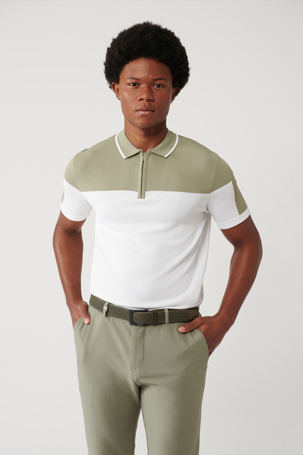 Men's Open Khaki Zippered Block Color Rayon Polo Yaka Triko T-shirt A41y5000