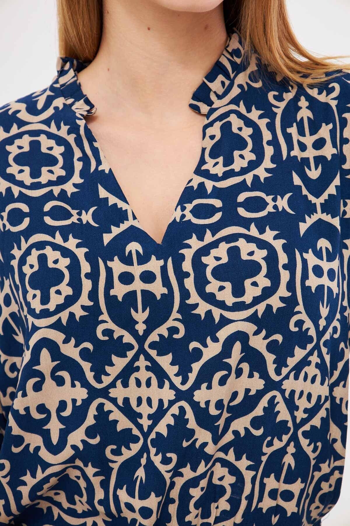 Woman Dark Blue V Yaka Yaka Pile Detailed Waist Waist Bluke Blouse ARM-25K001003