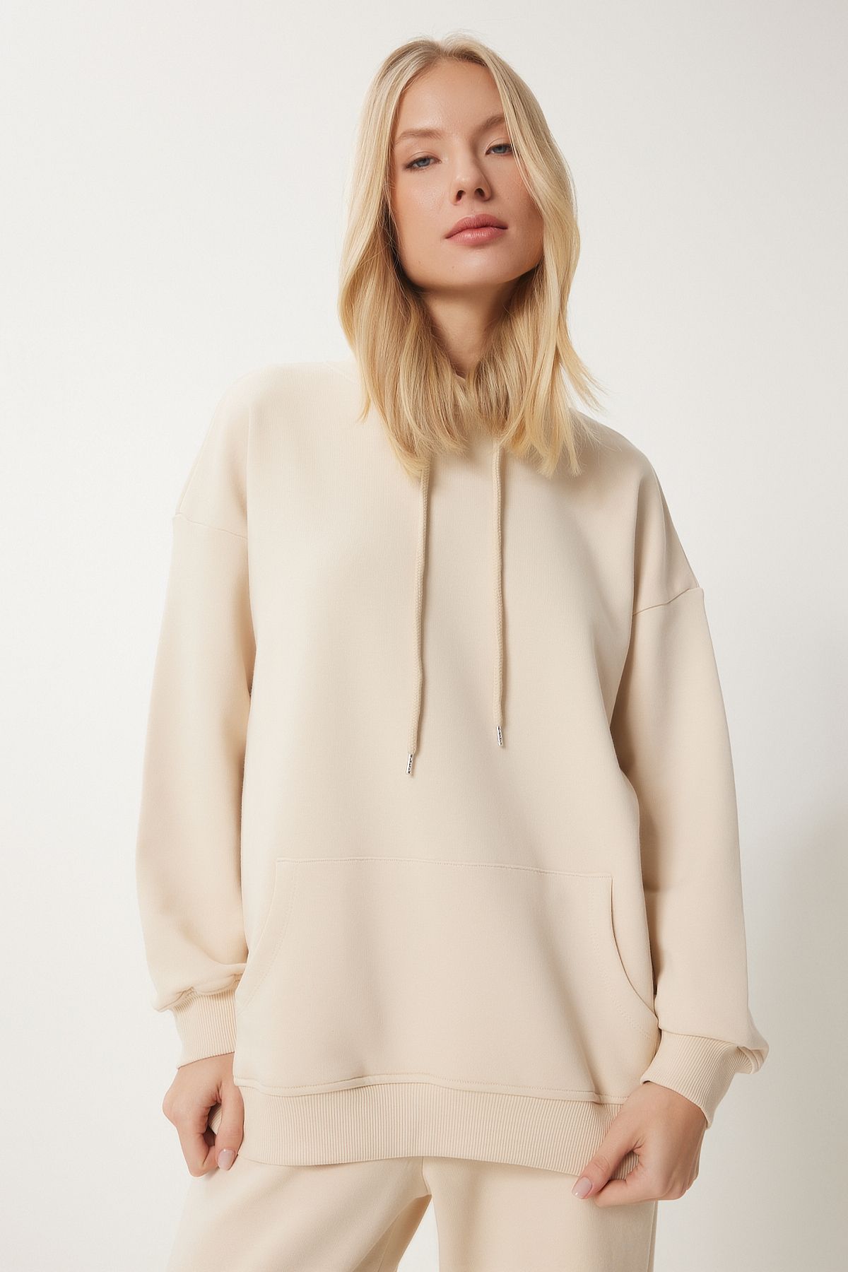 Women's Cream Hooded Sweatshirt Jogger Oversize Knitting Satatches PYS0027