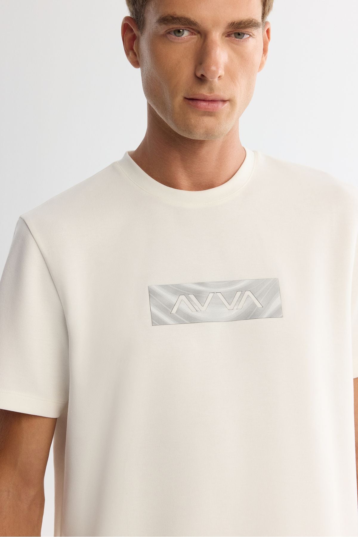 Men's Ecru Bicycle Collar Printed Elastan T-Shirt A42y1007