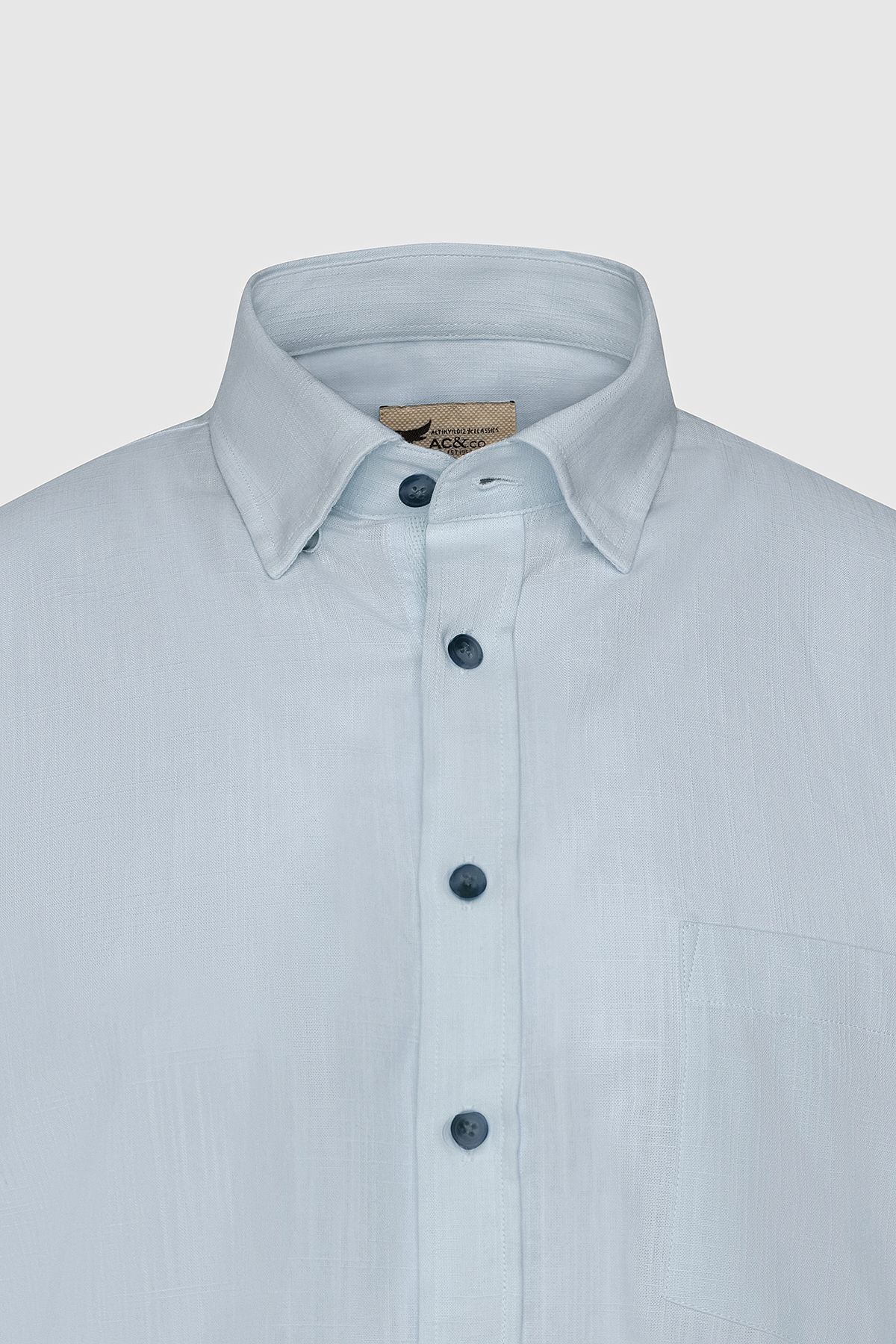 Men's Light Blue Comfort Fit Casual Cutting Buttoned Neck Linen Look 100 %Cotton Short Sleeve Shirt