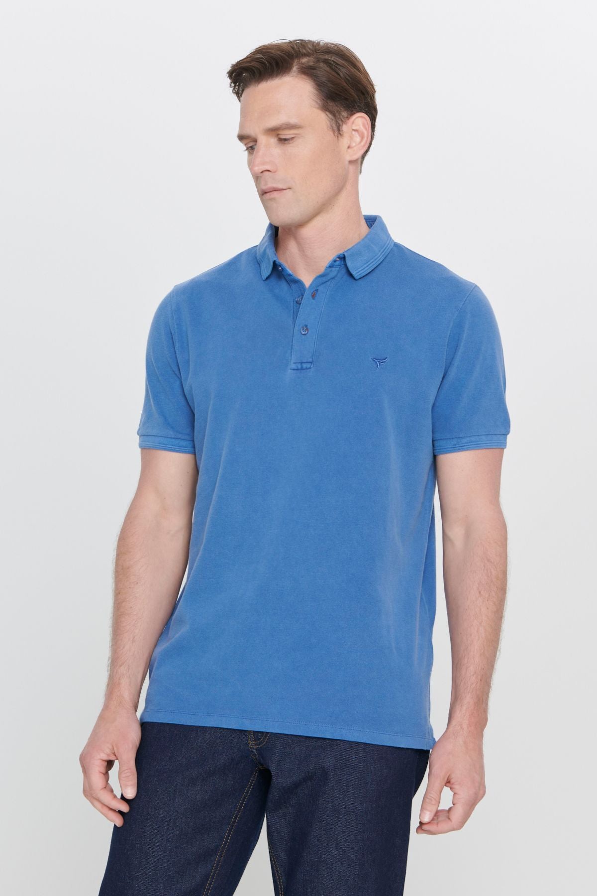 Men's Indigo slim fit narrow cut polo collar 100 %cotton patterned T -shirt