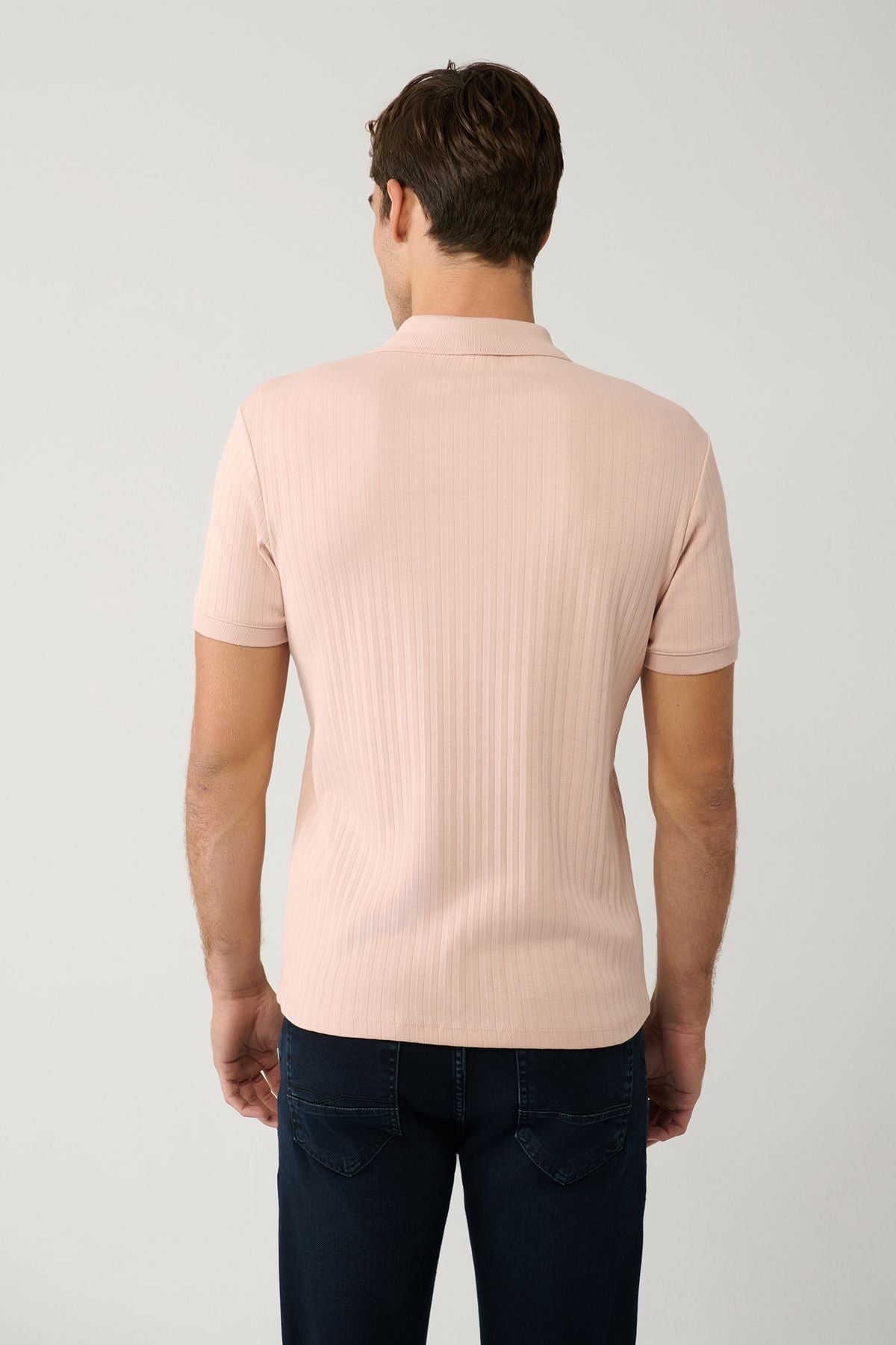 Male Light Pink 100 %Cotton 3 Buttoned Jacquar Polo Yaka T-shirt A41y1354
