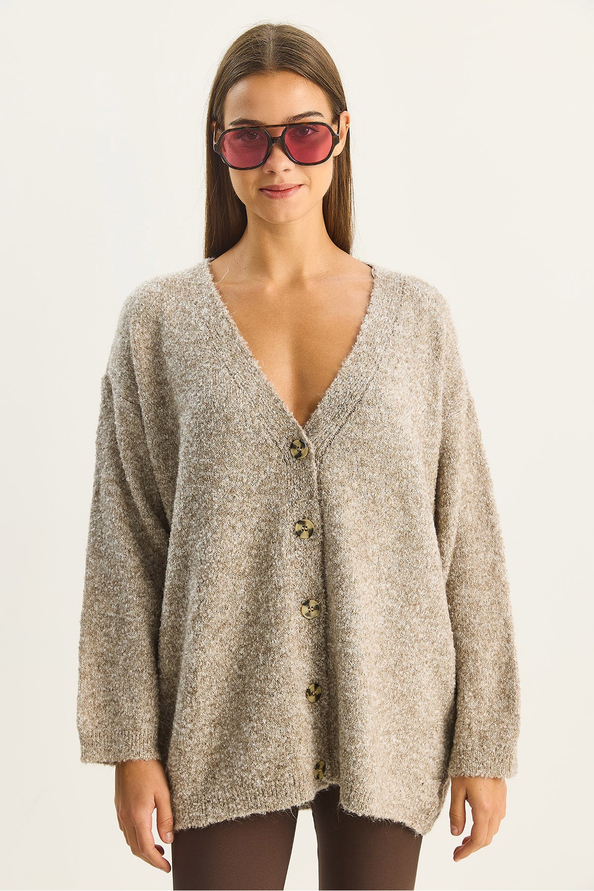 Women's V-Neck Oversize Boucle Carmen Knitwear Cardigan 2433 60283679