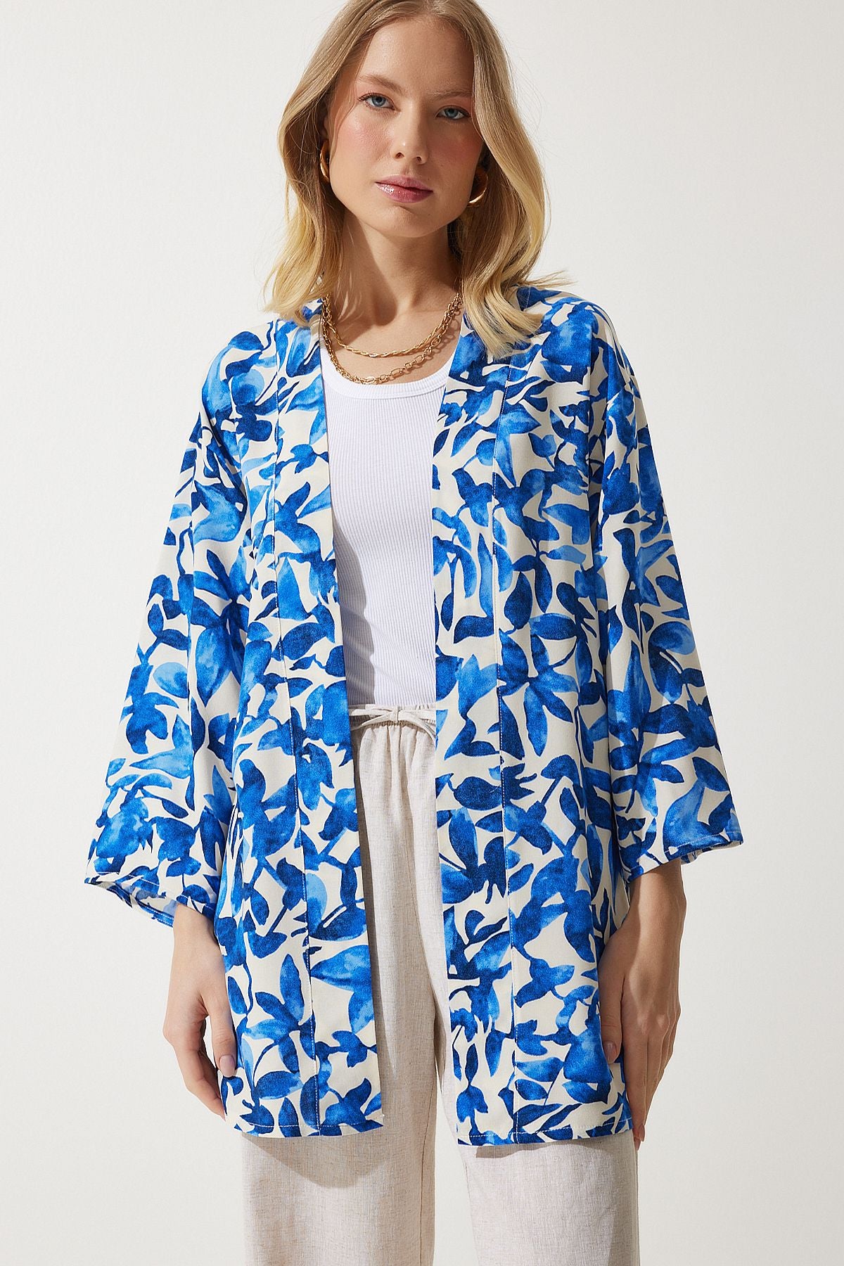 Female Blue Patterned Viscose Kimono EN00615