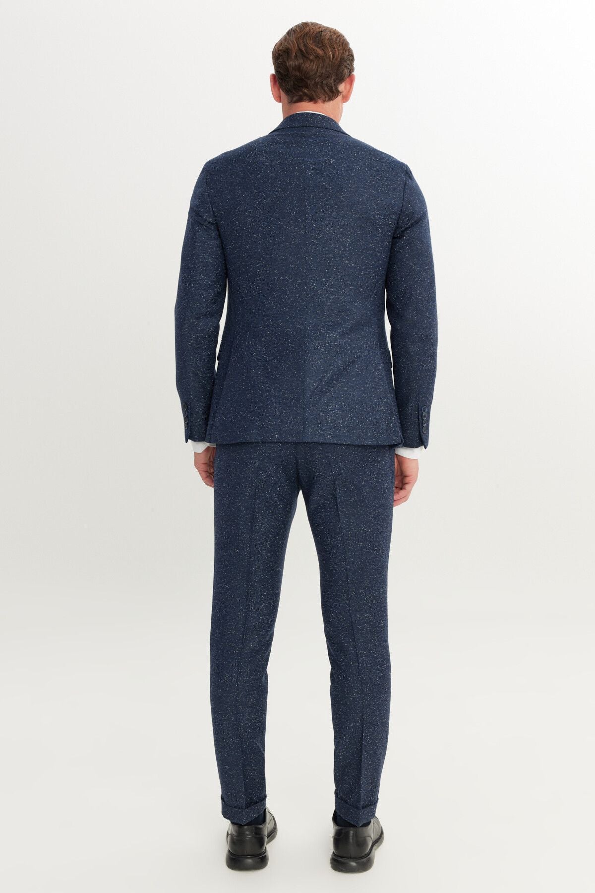 Men's navy blue slim fit narrow -cut swallow collar patterned suit suits