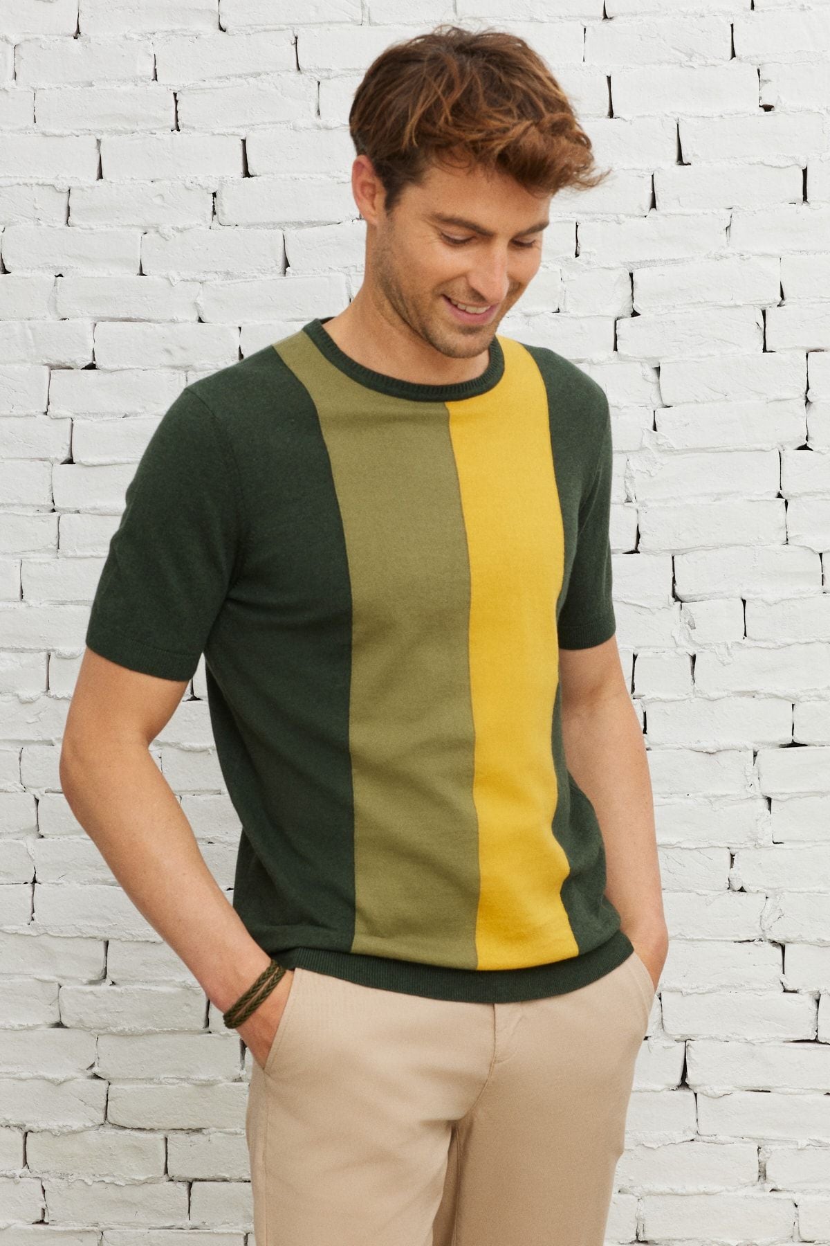 Men's Khaki Standard Fit Normal Cut Bicycle Yaka 100 %Cotton striped knitwear T -shirt