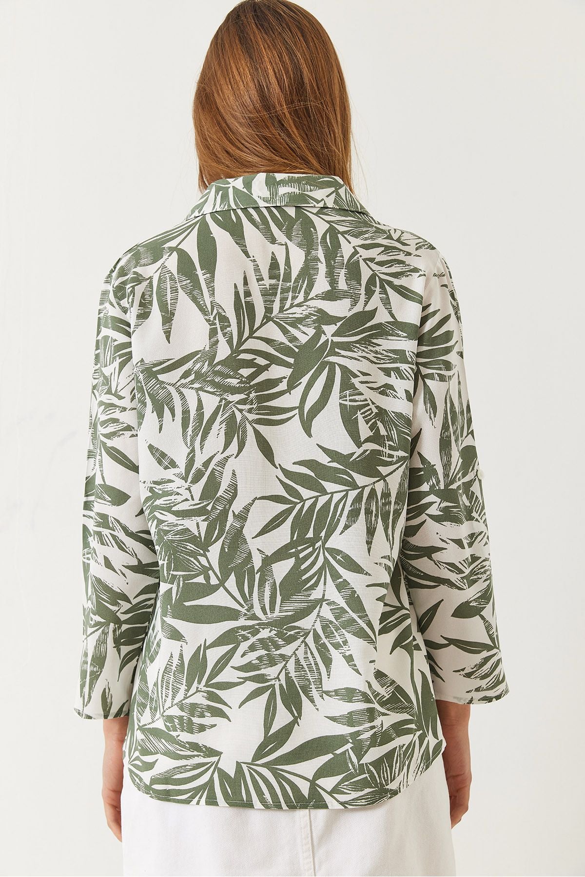 Women's Sleeve Folded Leaf Patterned Viscose Shirt 60261452