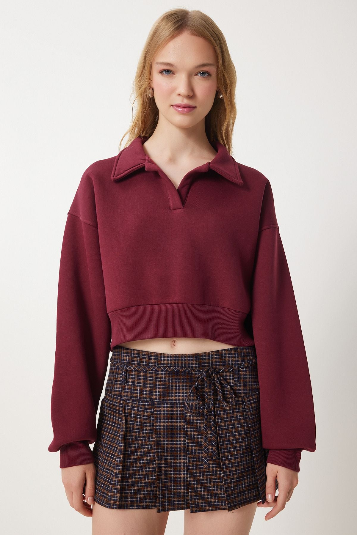 Female Bordeaux Polo Yaka Crop Knitting Sweatshirt HW00014