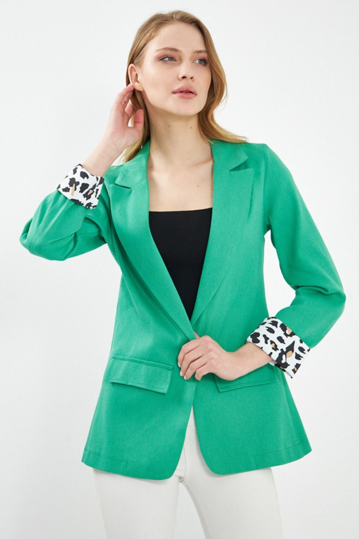 Female Green DEKAEKSİ Jacket Jacket Pocket Cover Arm-leopard Arm-24Y001039