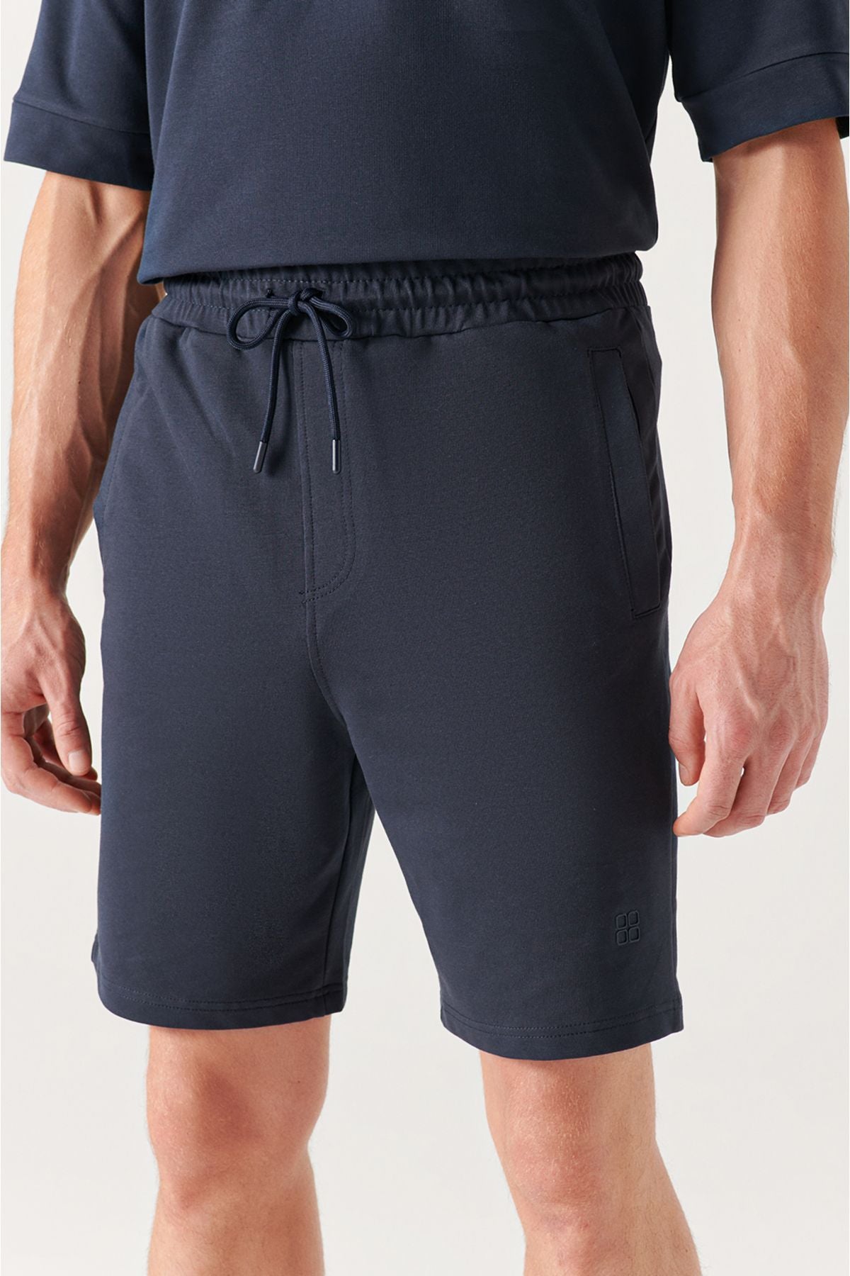 Men's Navy Blue Daily Sports Shorts with Side Pocket Knitted Cotton 2 Thread Relaxed Fit E003602