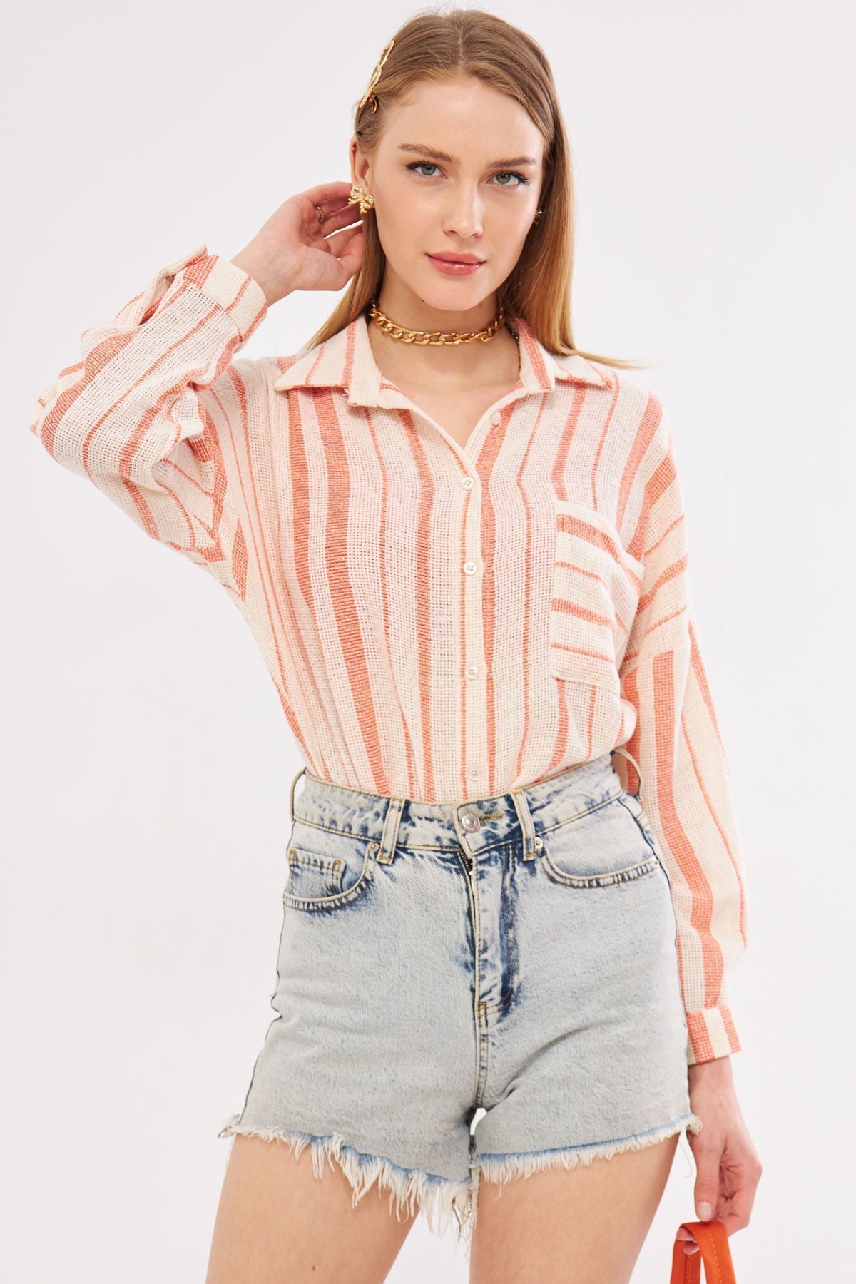 Women's Orange Long Sleeve Pocket Detailed Ristle Pleated Striped Oversizer Shirt ARM-24Y001053