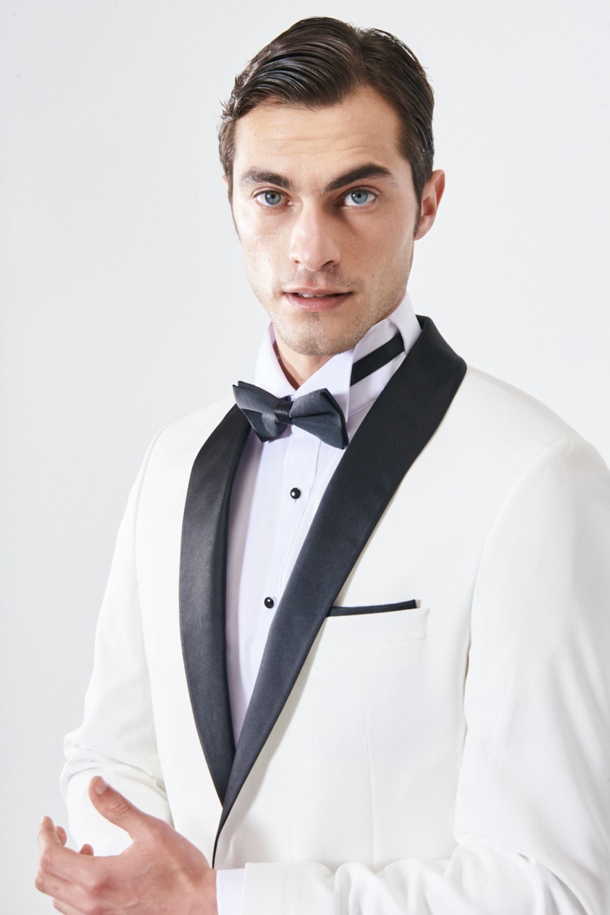 Men's white-black slim fit narrow cut shawl collar pattern classic tuxedo set