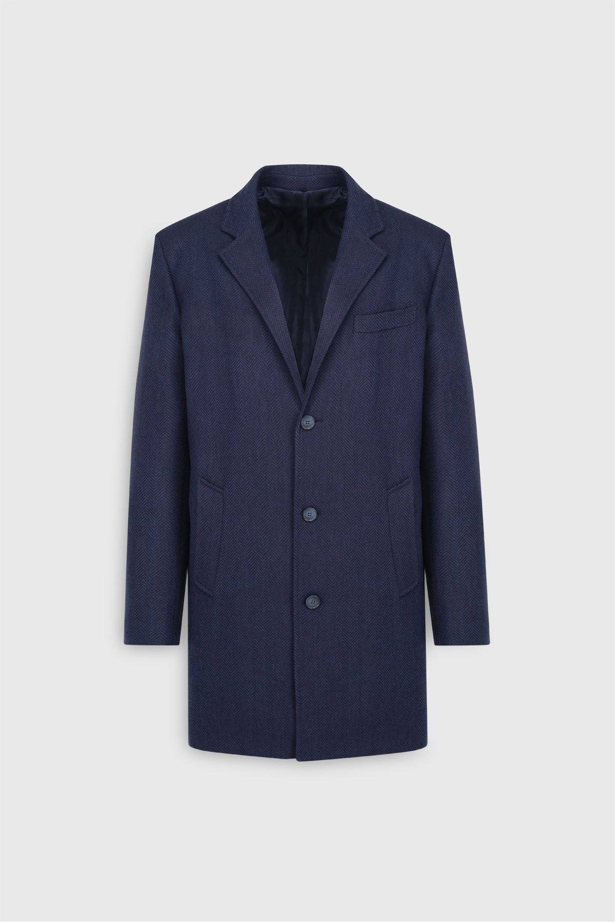 Men's navy blue woolen standard fit Normal cutting mono collar fishering pattern coat with side pockets