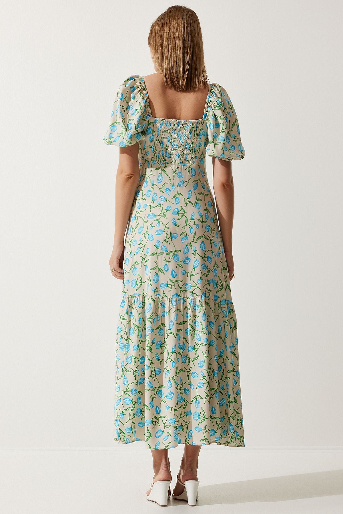 Female Beige Blue Patterned Balloon Sleeve Summer Viscose Dress FN03177