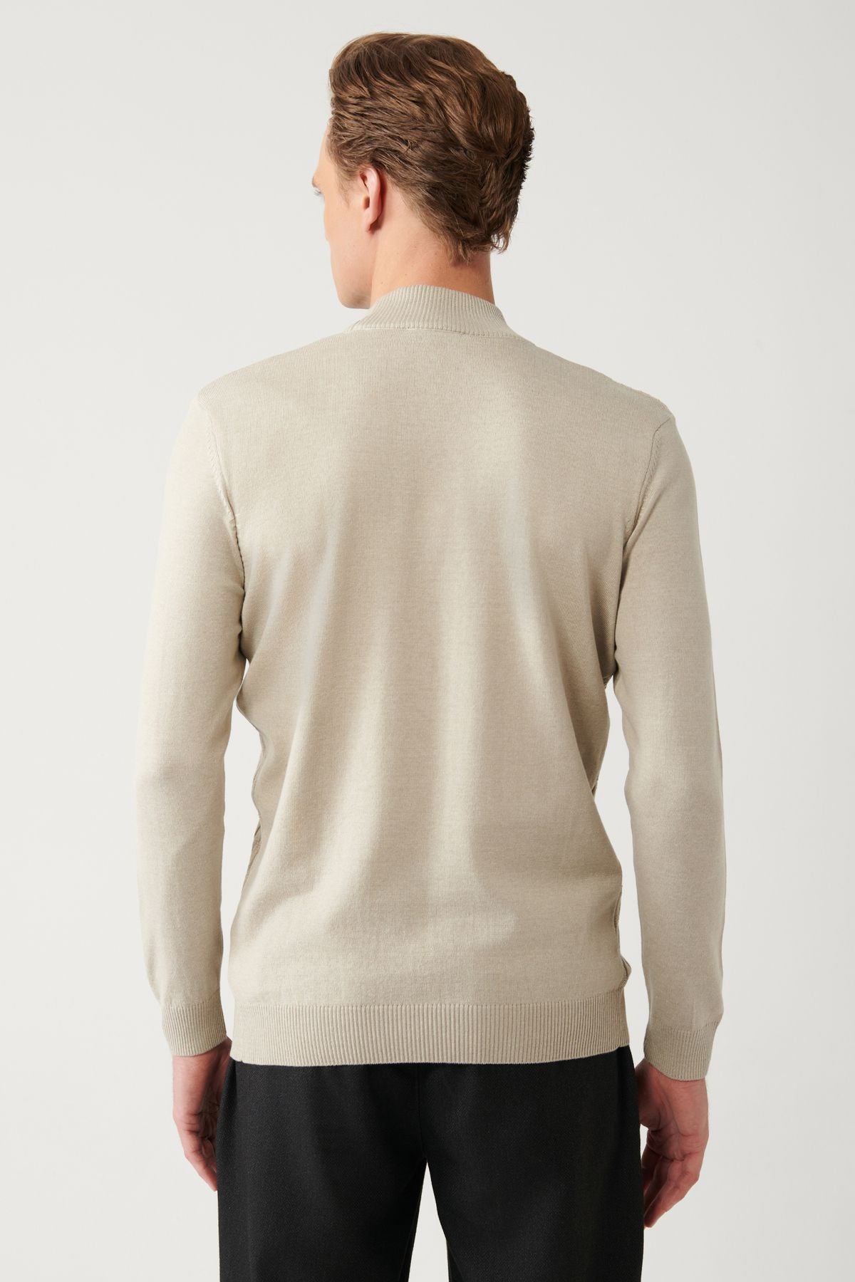 Men's Beige Knitwear Sweater Half Fisherman Neckline Cotton Regular Fit E005106