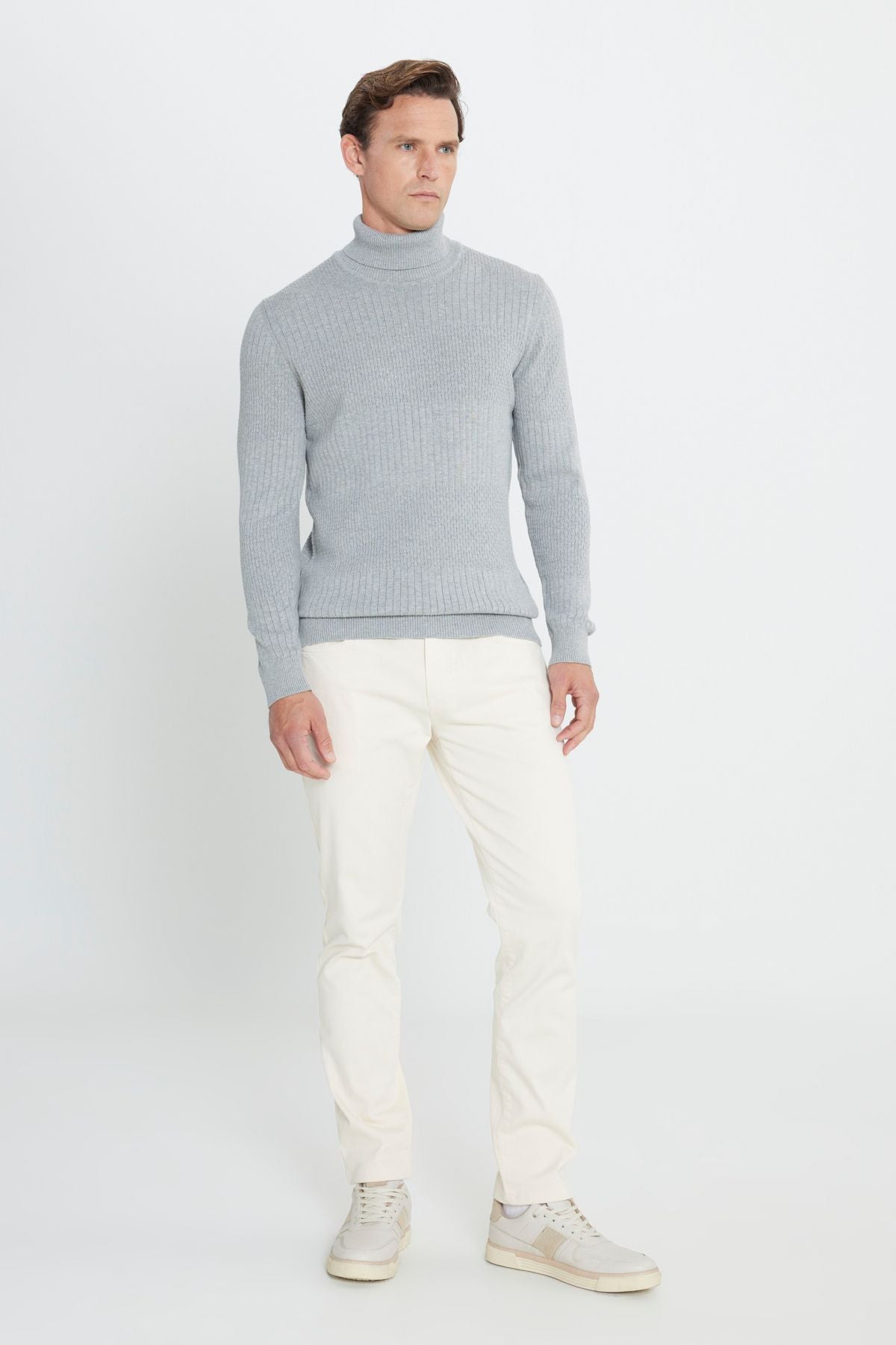 Men's Gray Melanj Standard Fit Normal Cut Full Fisherman Cotton Cotton Jacquari Knitwear Sweater