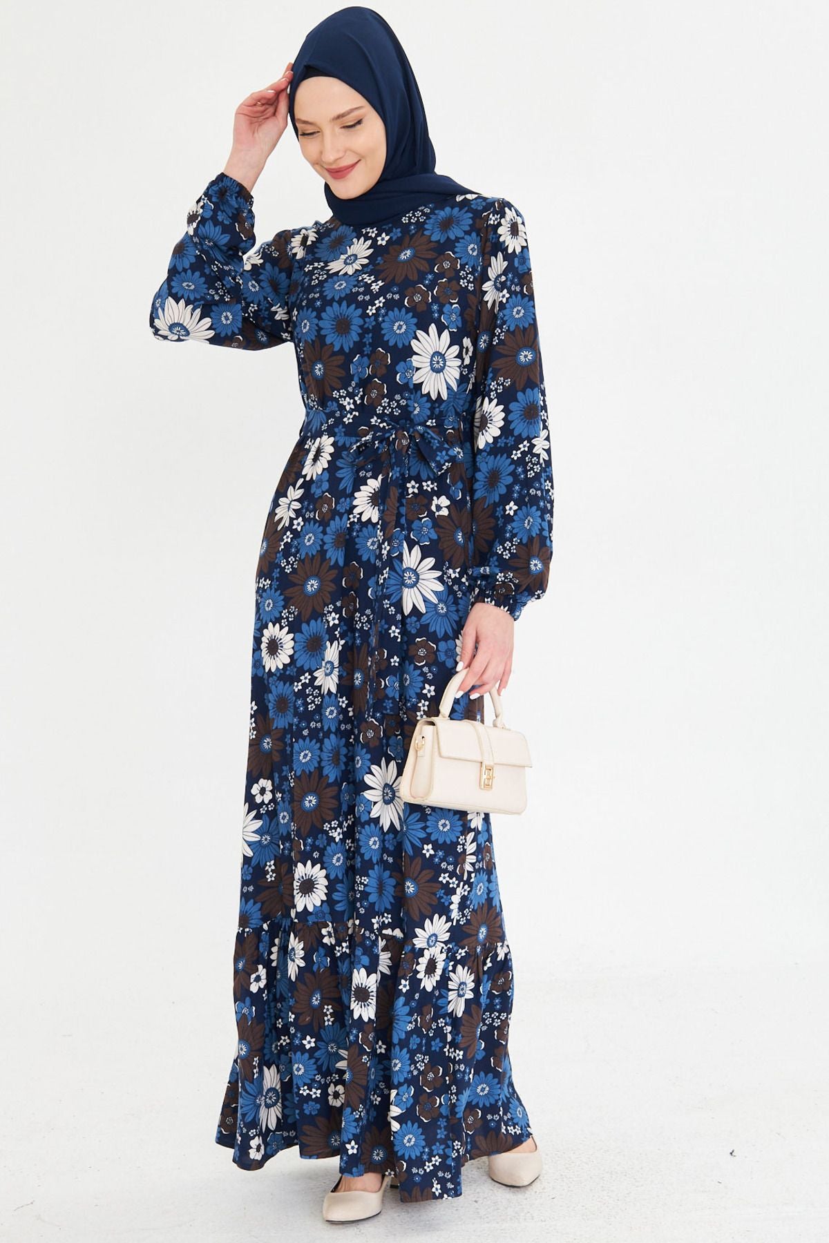 Woman Blue Zero Near Back Zipper Skirt Long Hijab Dress with Ruffle Born Arm-25k001101