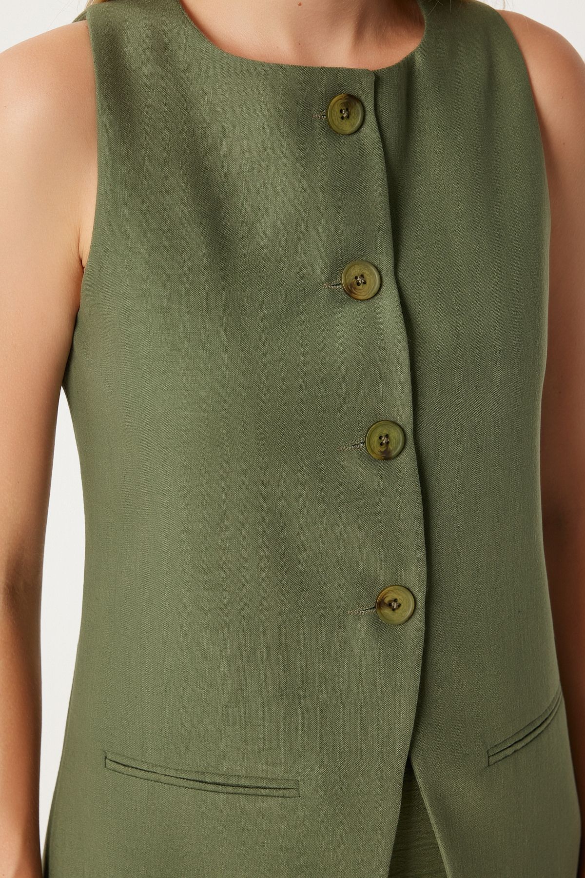 Woman Dark Cagla Green Fleto Pocket Detail Long Woven Vest FN03239