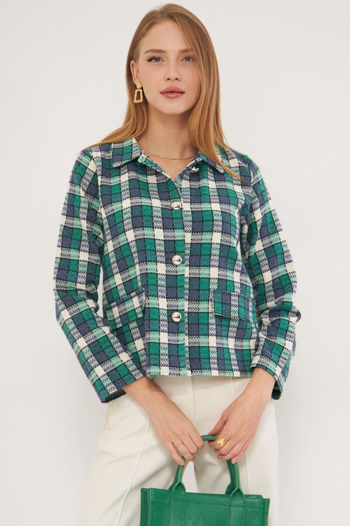 WOMEN'S GREEN PATTERNED POCKET COFE JACKET ARM-25K001038