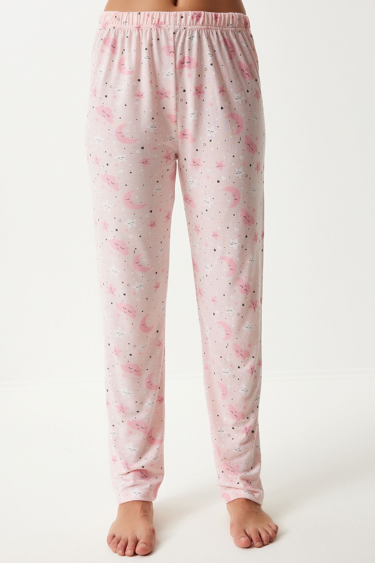 Woman Light Pink Patterned Shirt Pants Pajama Set EC00043