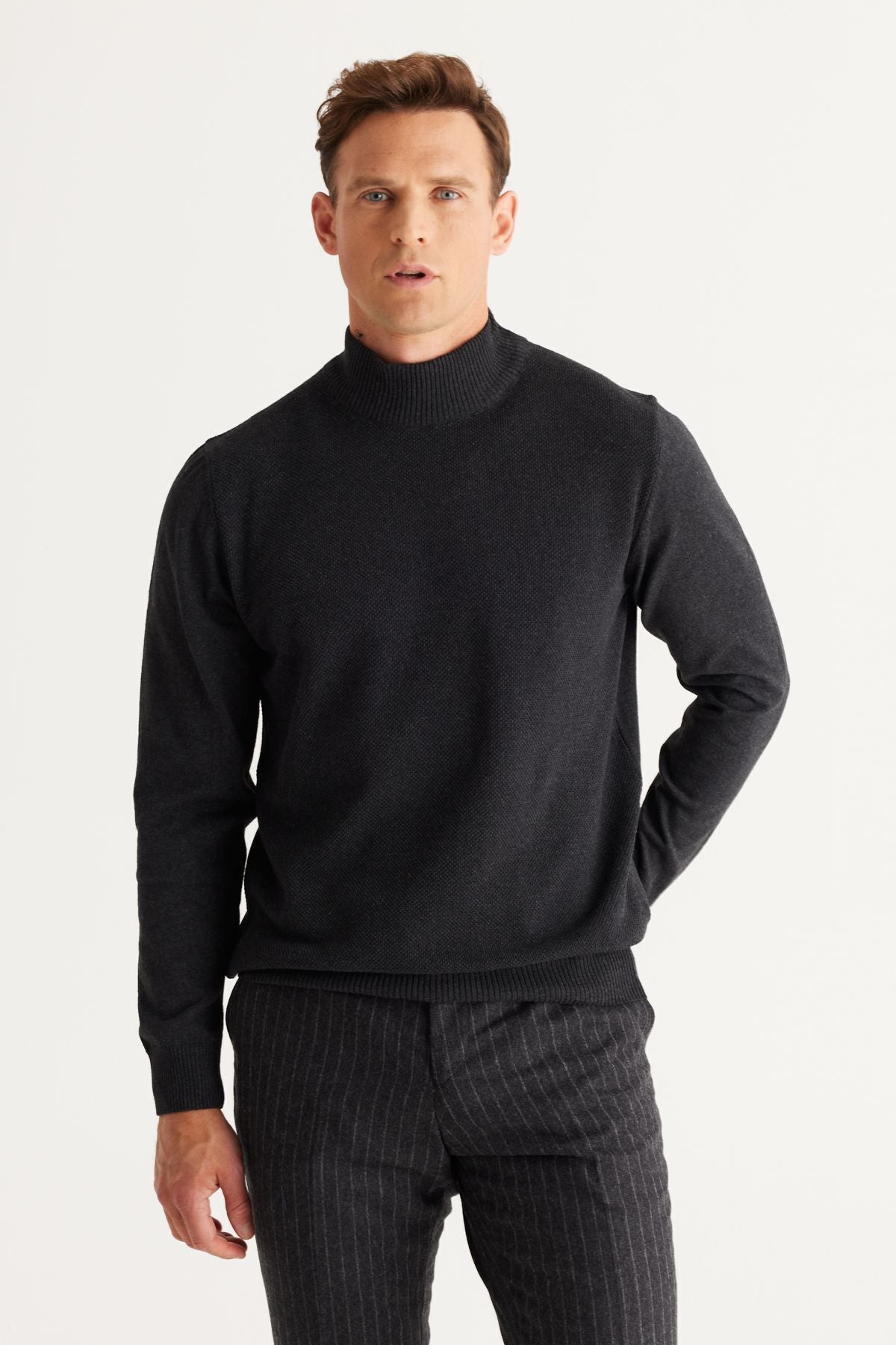 Men's anthracite standard fit normal cut half fisherman collar cotton knitwear sweater