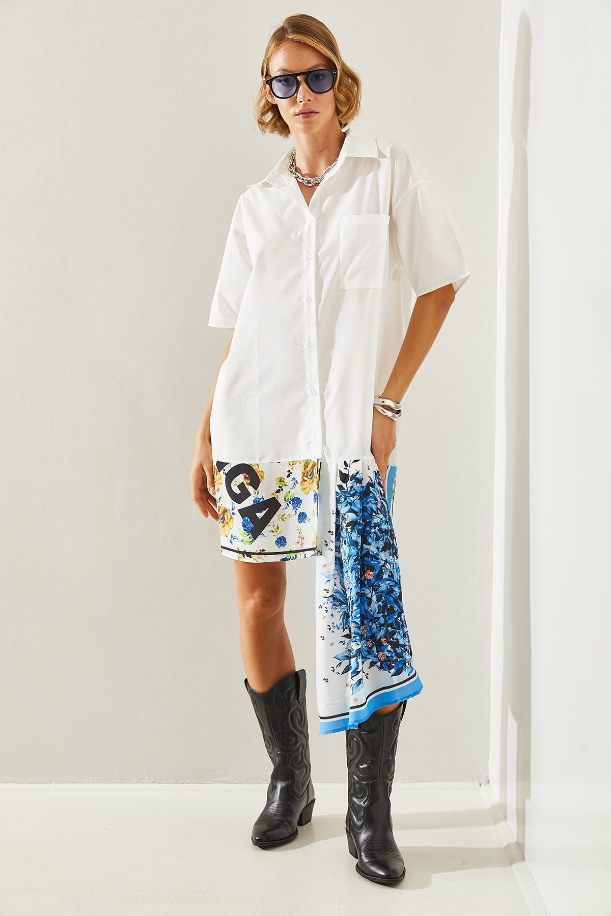 Female asymmetric satin skirt detailed shirt dress 21262 60251492