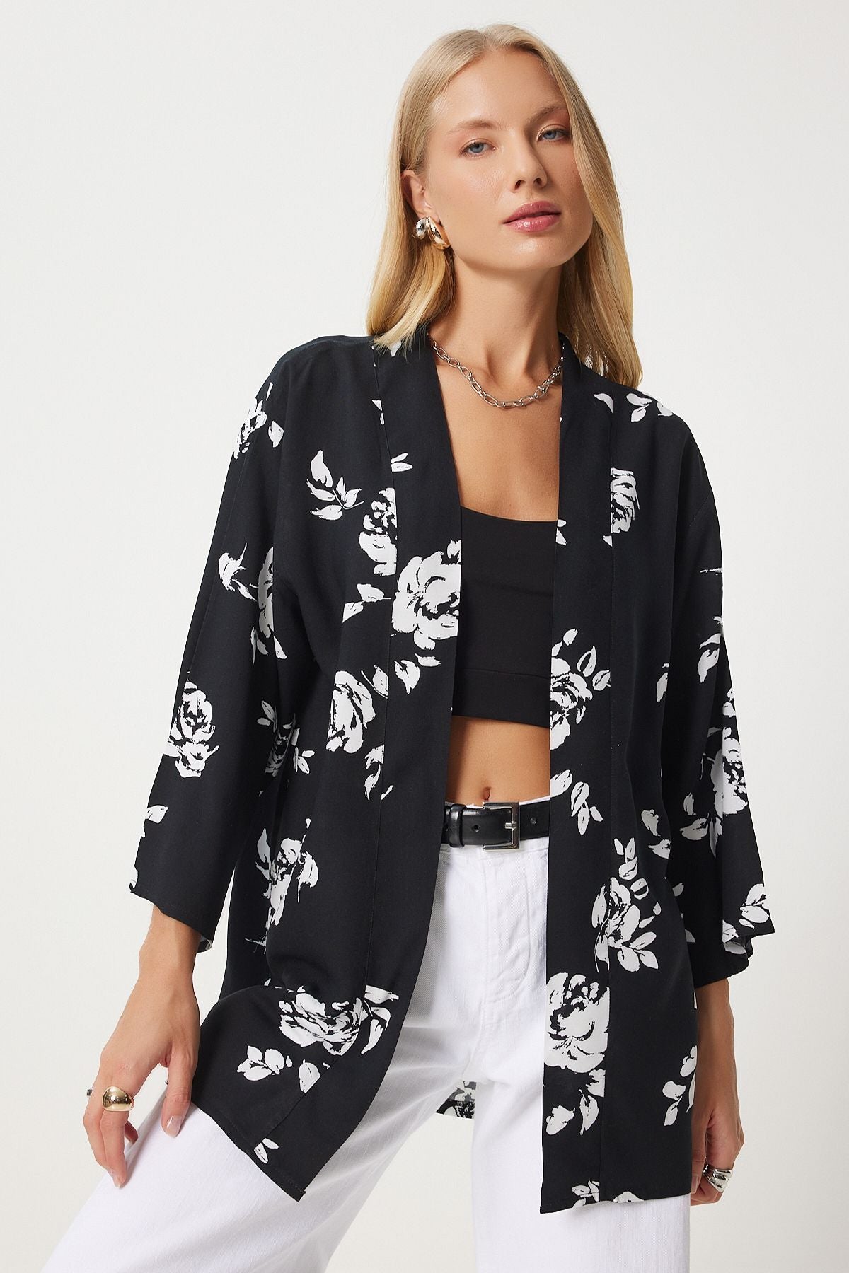 Female Black Patterned Viscose Kimono EN00615